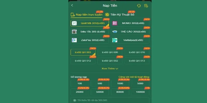 Giao diện nạp tiền AE888 trực quan, dễ thao tác trên cả điện thoại và máy tính.